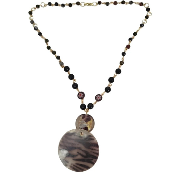 Foil-Lined Lampwork Glass Tourmaline Unakite Gold Plated Glass Necklace - Picture 6 of 6